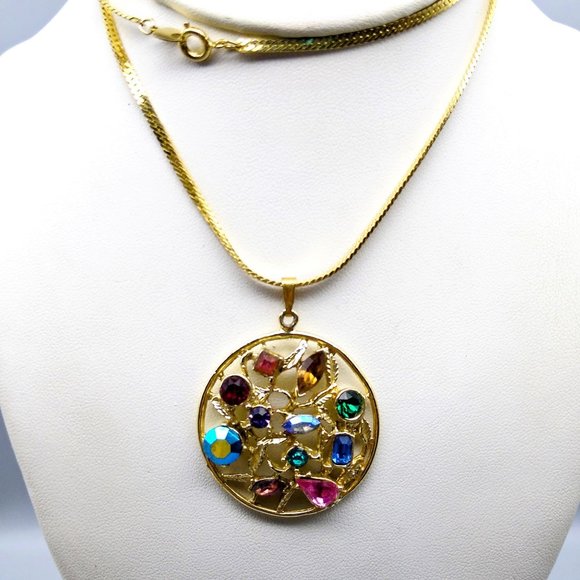 Glitz and Glam Medallion Pendant Necklace on Gold Tone Herringbone Chain - Picture 1 of 6